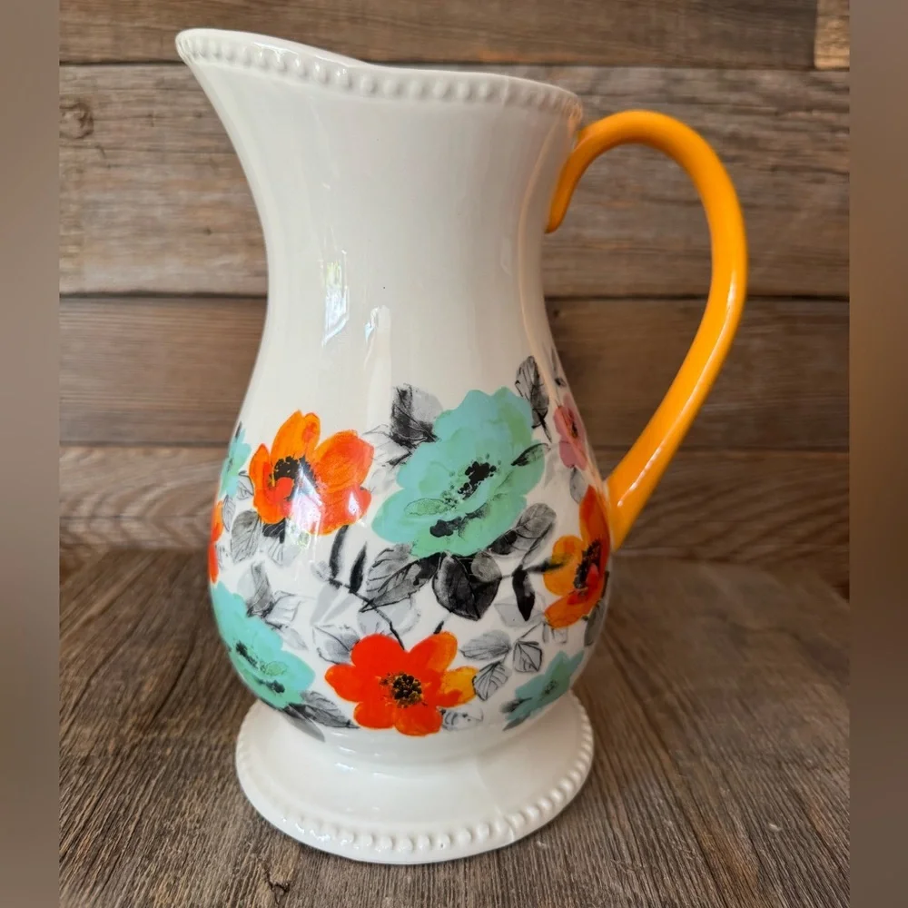 Floral Ceramic Pitcher with Orange Handle - White & Multicolor